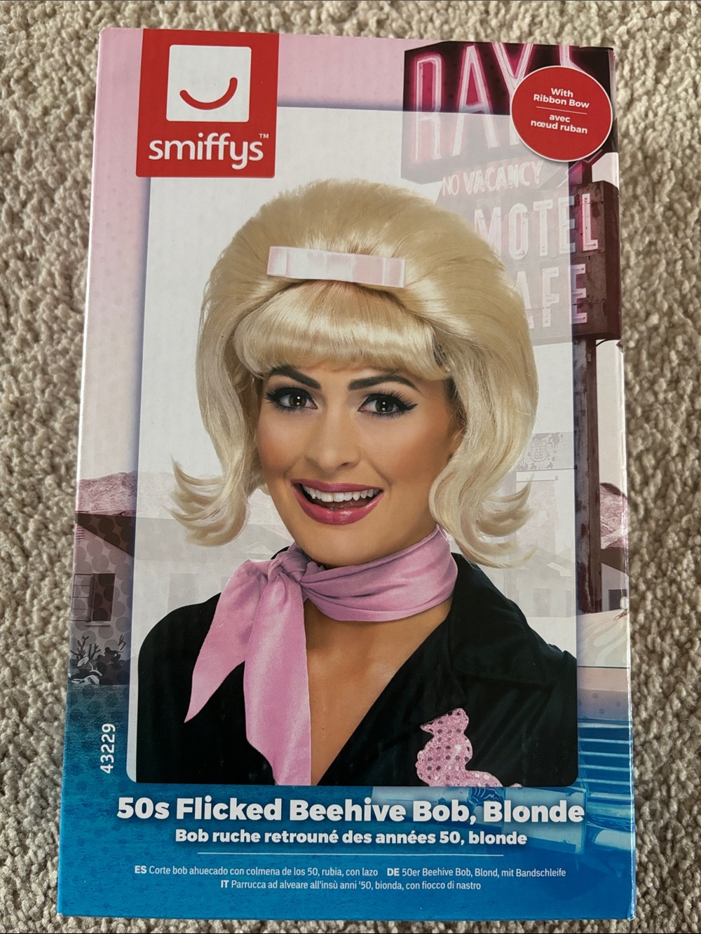 50s Flicked Beehive Bob Wig – Blonde w/ Ribbon Bow - Great for Halloween🎀